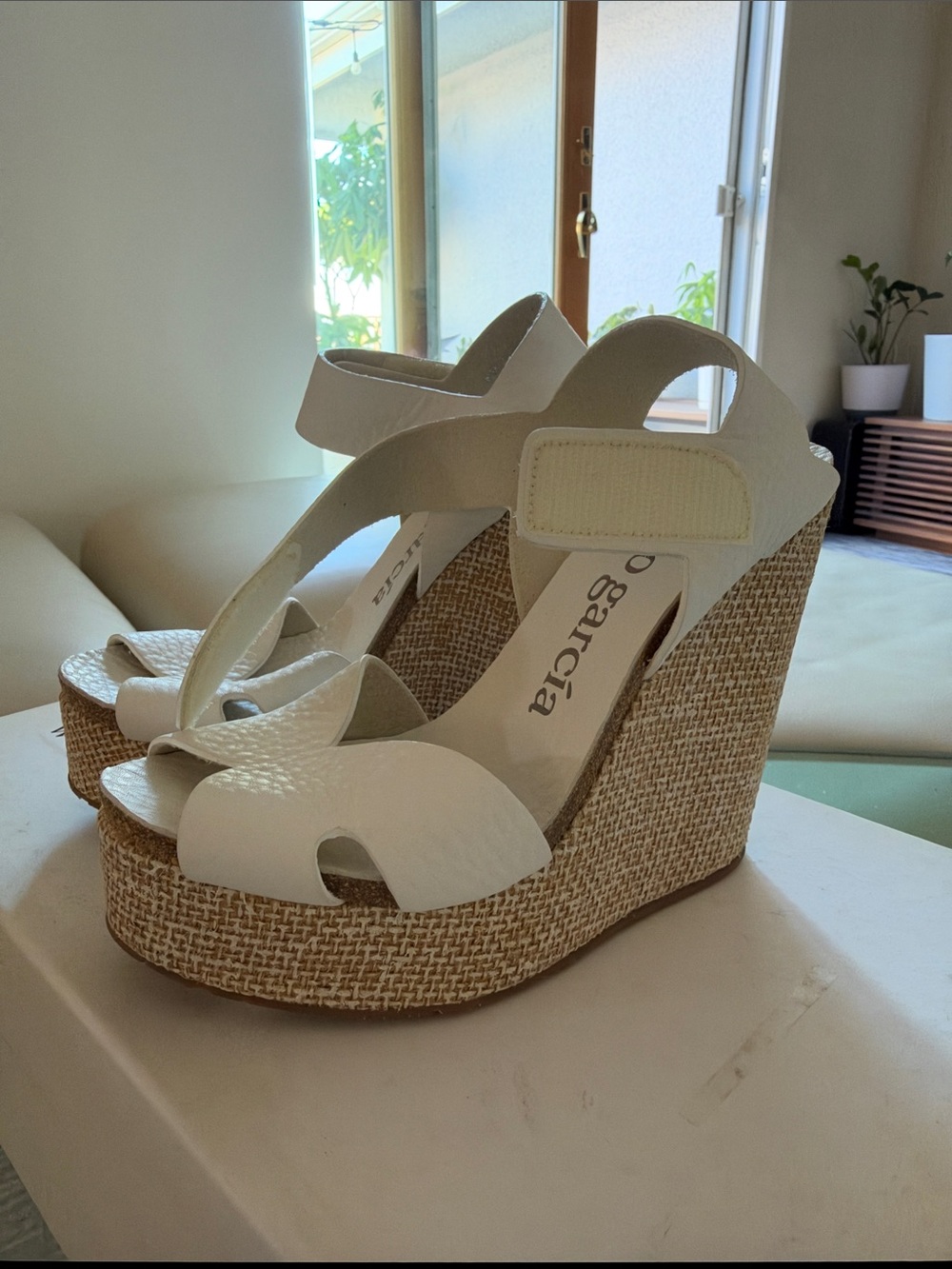 Pedro Garcia White Leather Raffia Platform Wedge Sandals